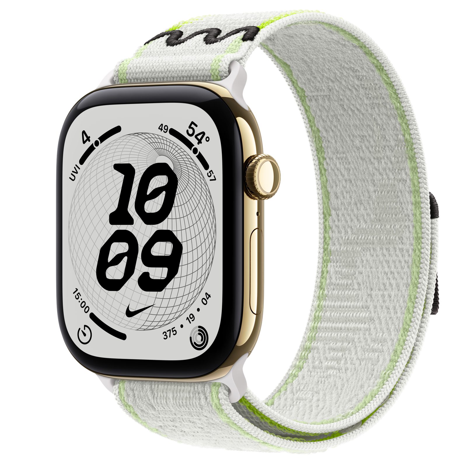 Apple Watch Series 12 (GPS + Cellular) • Titanboett skinande guld, 46 mm • Nike-sportloop i Essential White