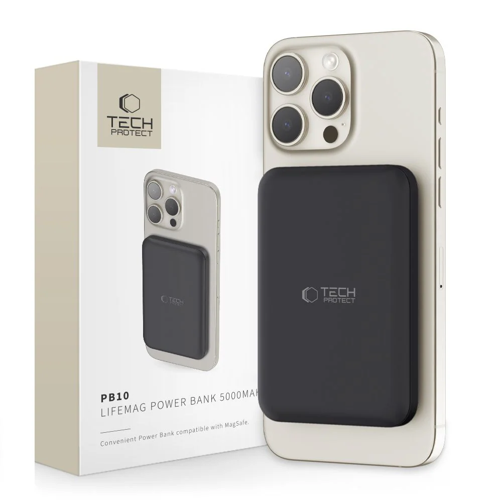 Tech-Protect LifeMag PB10 Powerbank med MagSafe 5000mAh 15W USB-C-port - svart + USB-C-kabel