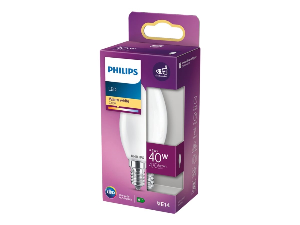 Philips - LED-glödlampa - form: B35 - glaserad finish - E14 - 4.3 W (motsvarande 40 W) - klass F - varmt vitt ljus - 2700 K