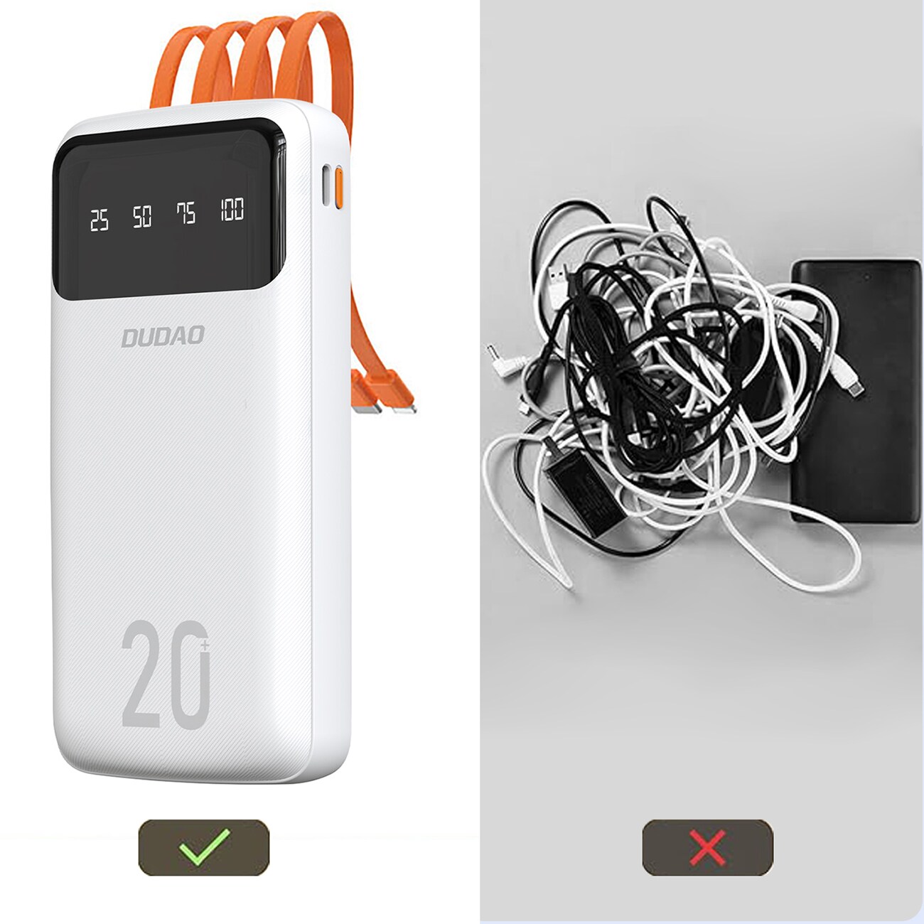 Dudao K6Pro+ 20000mAh powerbank med 3 kablar: USB Type C, micro USB, Lightning, vit, bild 4