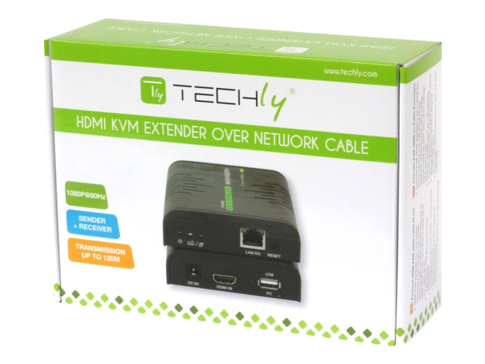 TECHly 120m HDMI KVM EXTENDER over Network Cable - Sändare och mottagare - förlängare för tangentbord/video/mus/ljud - 1GbE, USB 2.0, HDMI - 10Base-T, 100Base-TX, 1000Base-T - upp till 120 m