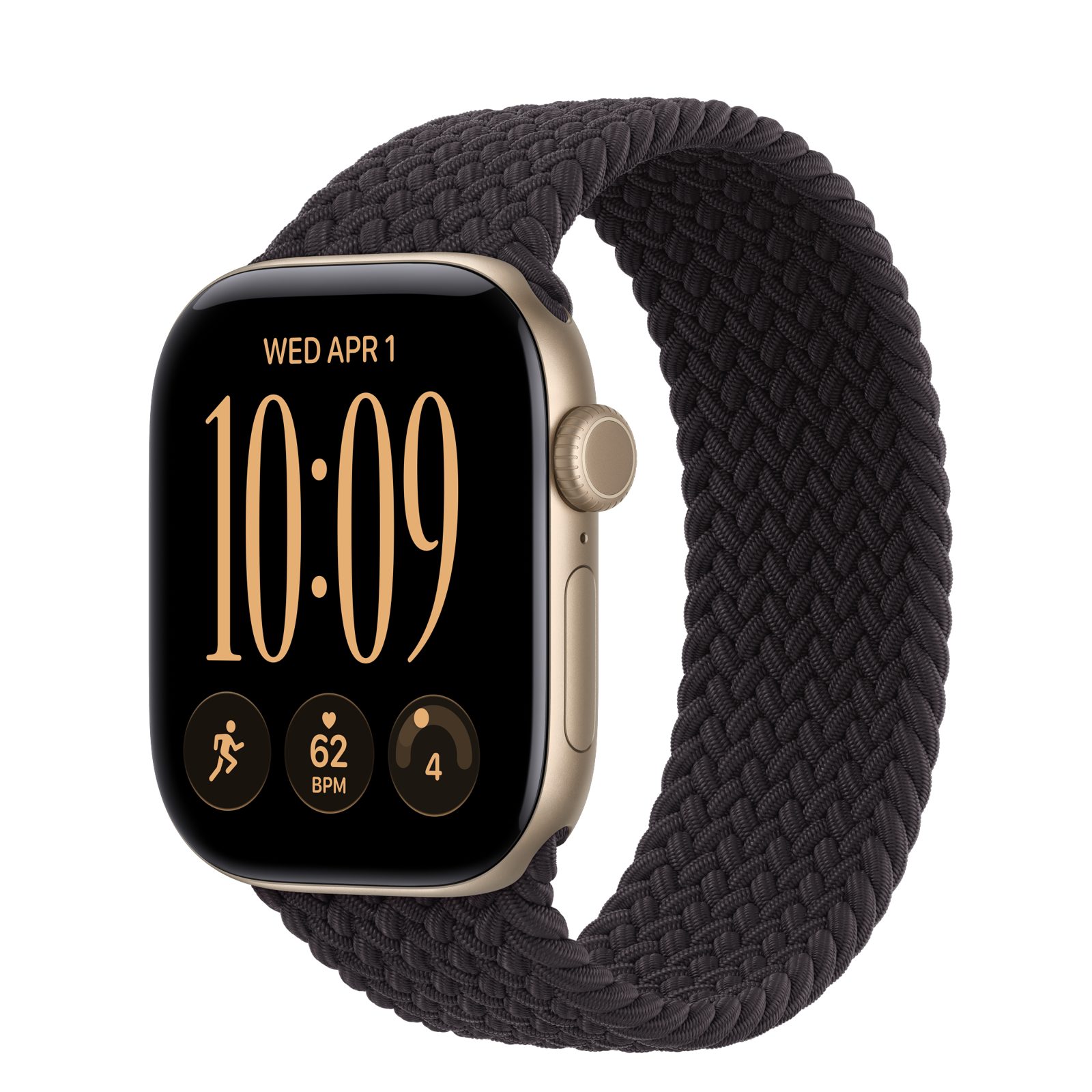 Apple Watch Series 12 (GPS + Cellular) • Aluminiumboett ljust guld, 42 mm • Flätad sololoop svart