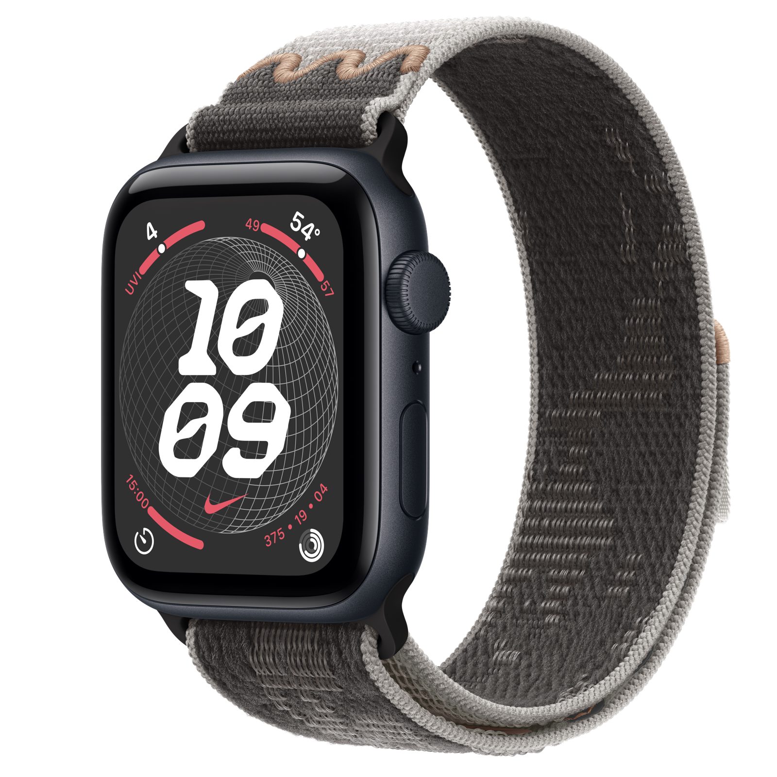 Apple Watch SE 3 (GPS) • Aluminiumboett midnatt, 44 mm • Nike-sportloop i Pavement Grey