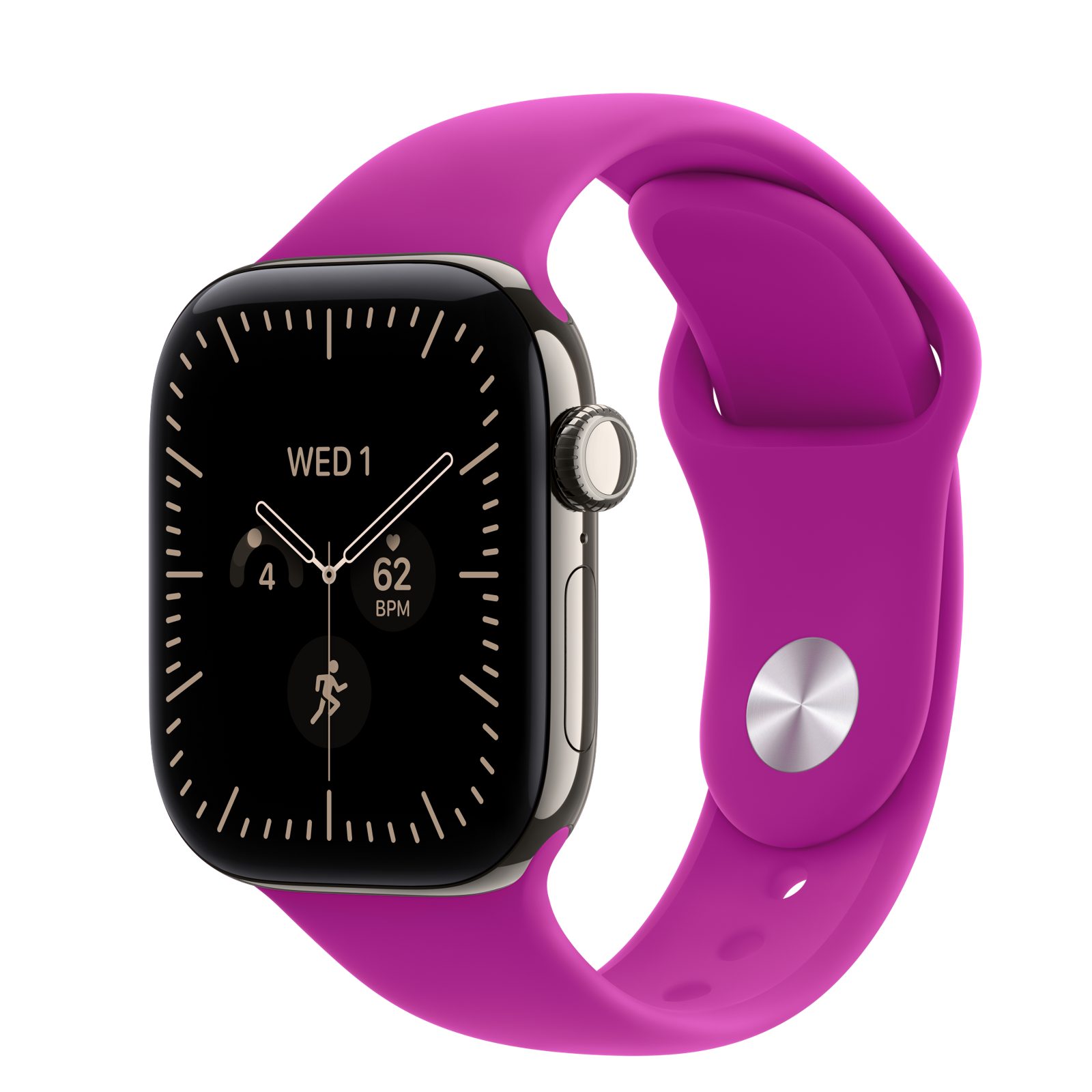 Apple Watch Series 12 (GPS + Cellular) • Titanboett naturlig, 42 mm • Sportband magenta