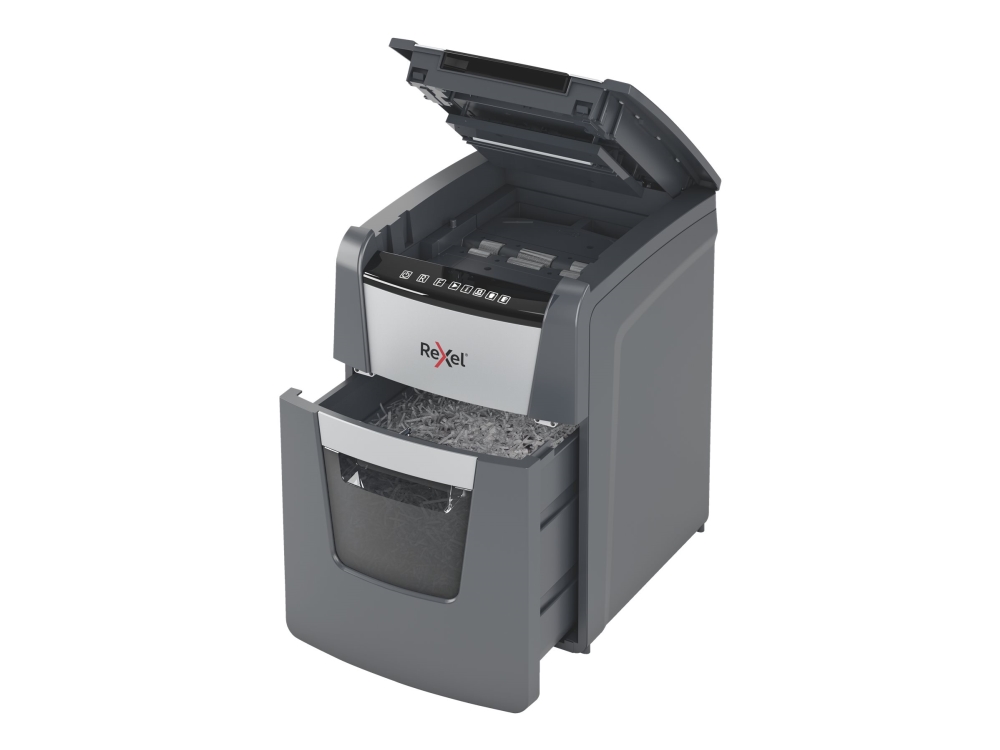Rexel Optimum AutoFeed+ 100X korsstrimlande dokumentförstörare, 100 ark, 34 L, svart