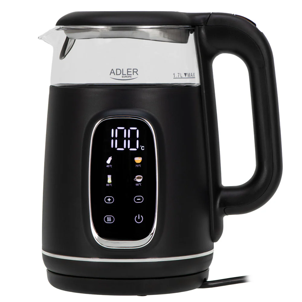 Adler AD 1305BS vattenkokare 1,7 L 2200 W temperaturkontroll, svart/silver