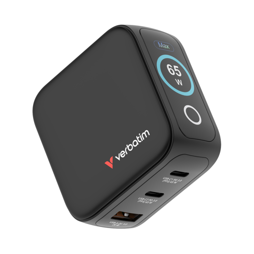 AC-adapter Verbatim Mini GaN Charger 65W with Display, 2xUSB-C / 1xUSB-A, inkl. reseadapter EU/UK/US