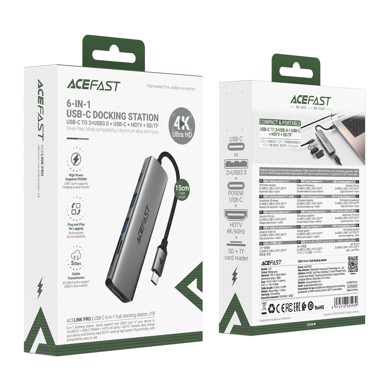 Acefast J18 USB-hubb med USB-C, 6-i-1, HDMI 4K 60 Hz, PD 90 W, dockningsstation – grå, bild 4