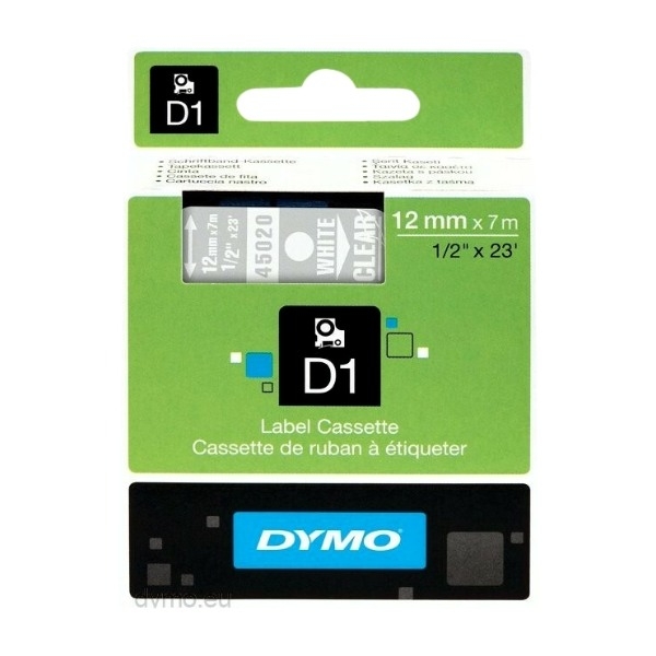 Dymo D1 - Standardpolyesteretiketter - vit På, transparent - 12MM X 7m