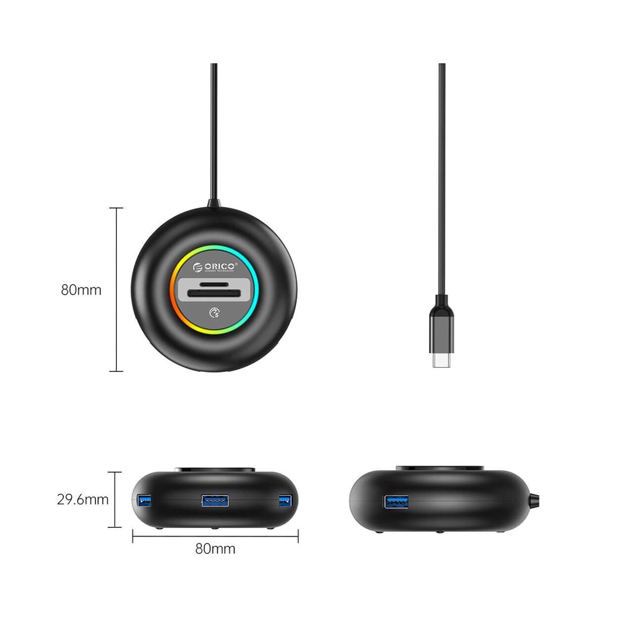 Orico YXR5-C3 RGB USB-hubb med 4 USB-A 3.0-portar och SD- och microSD-kortläsare, 1,8 m – svart, bild 2