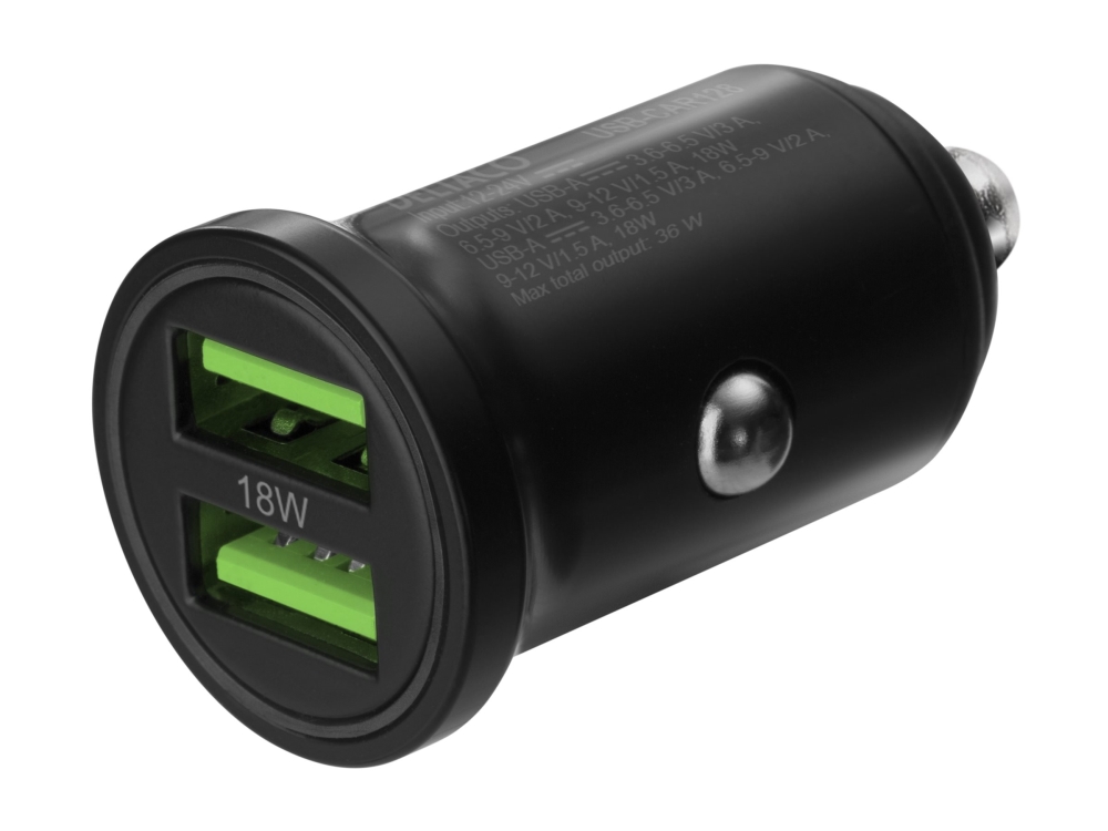 DELTACO USB-CAR128 - Strömadapter för bil - 36 Watt - 3 A - 2 utdatakontakter (USB) - svart