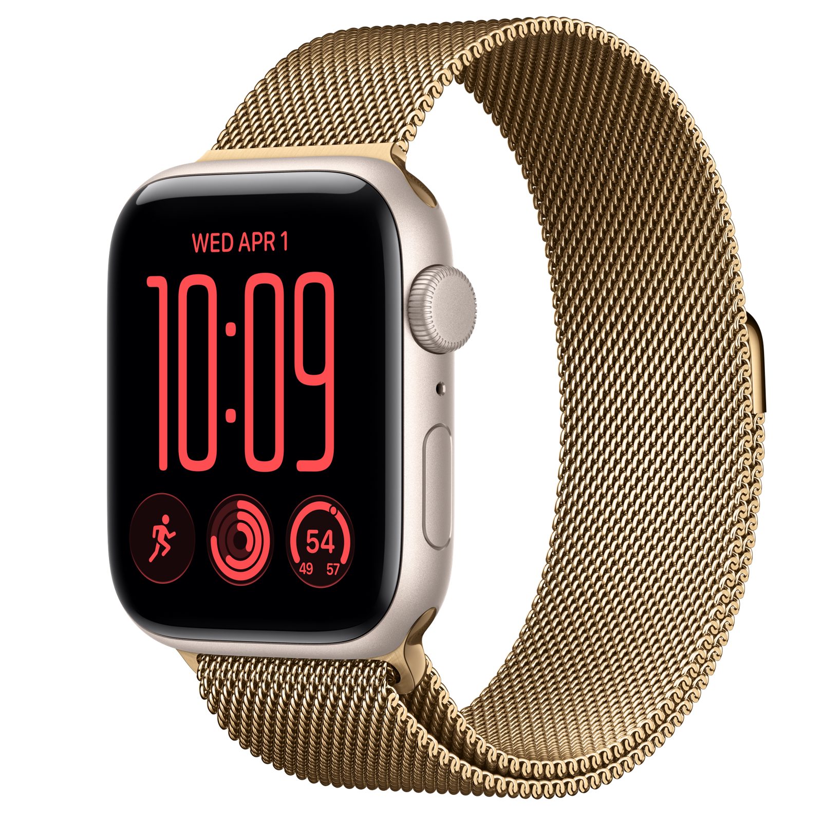Apple Watch SE 3 (GPS) • Aluminiumboett stjärnglans, 44 mm • Milanesisk loop skinande guld