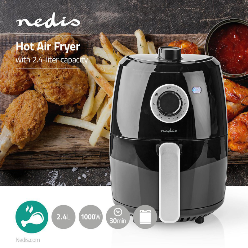 Nedis KAAF120FBK, Varmluftsfritös, 2,4 l, 80 ° C, 200 ° C, 30 min, Single