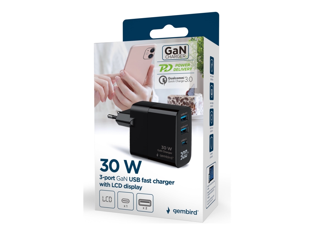 Gembird - Strömadapter - GaN, LCD - 30 Watt - 3 A - PD, QC 3.0 - 3 utdatakontakter (2 x 9-stifts USB typ A, USB-C) - svart, bild 2