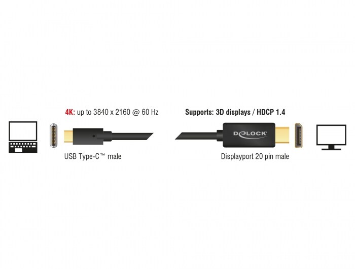 Delock USB-C till DisplayPort-kabel (DP Alt-läge) 4K @ 60Hz, 1m - Svart, bild 2