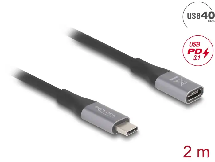 Delock USB 40 Gbps Förlängningskabel USB-C Hona-Hane PD3.1 240W 2 m Metall
