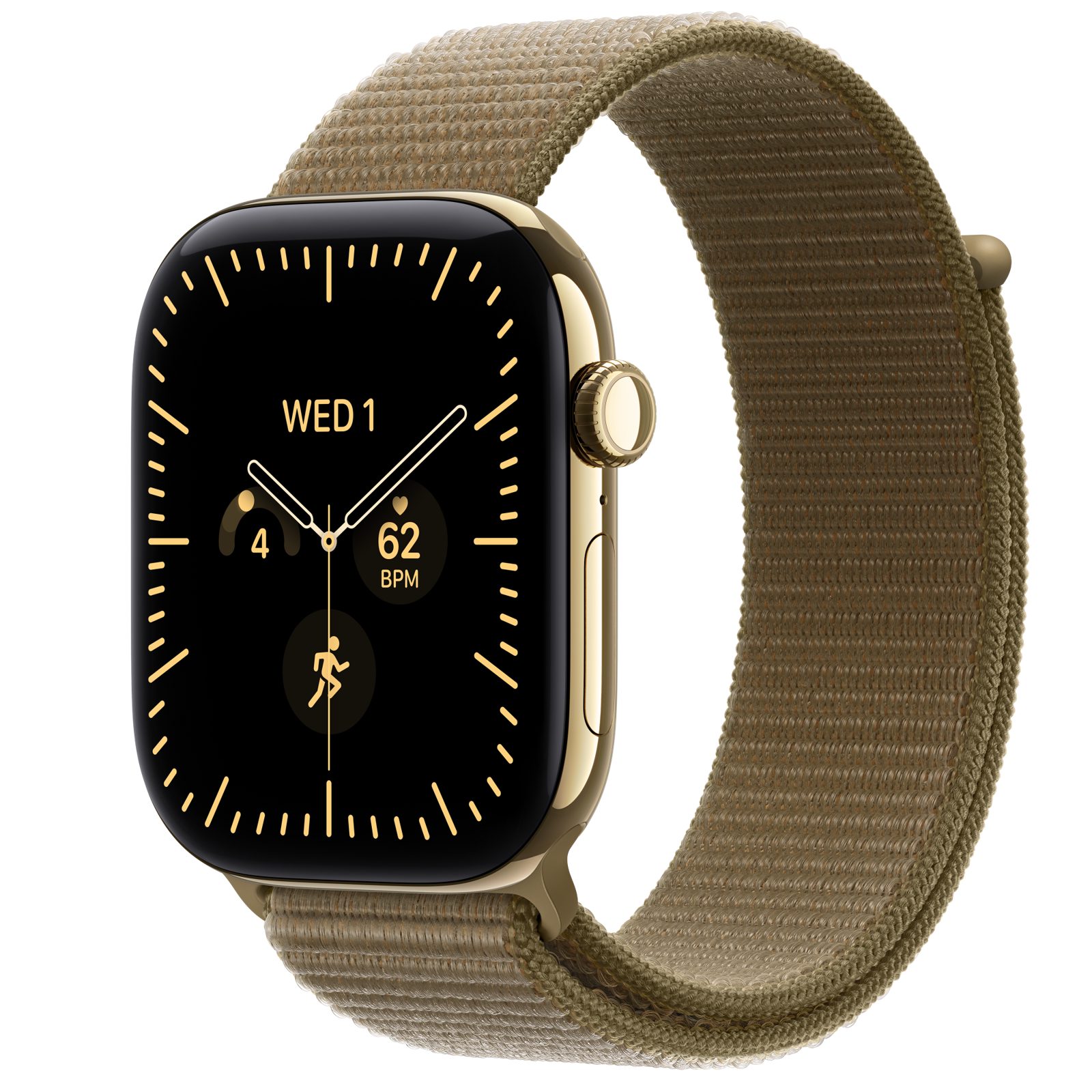 Apple Watch Series 12 (GPS + Cellular) • Titanboett skinande guld, 46 mm • Sportloop oliv