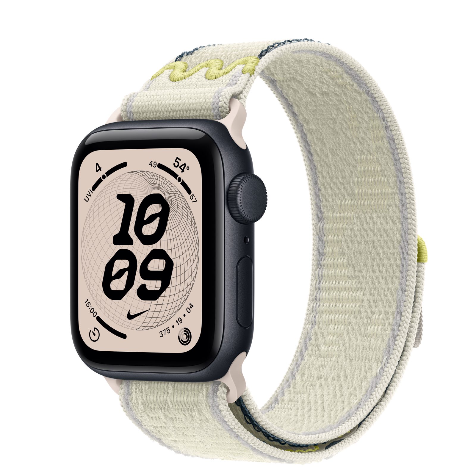 Apple Watch SE 3 (GPS) • Aluminiumboett midnatt, 40 mm • Nike-sportloop i Chalk Calm