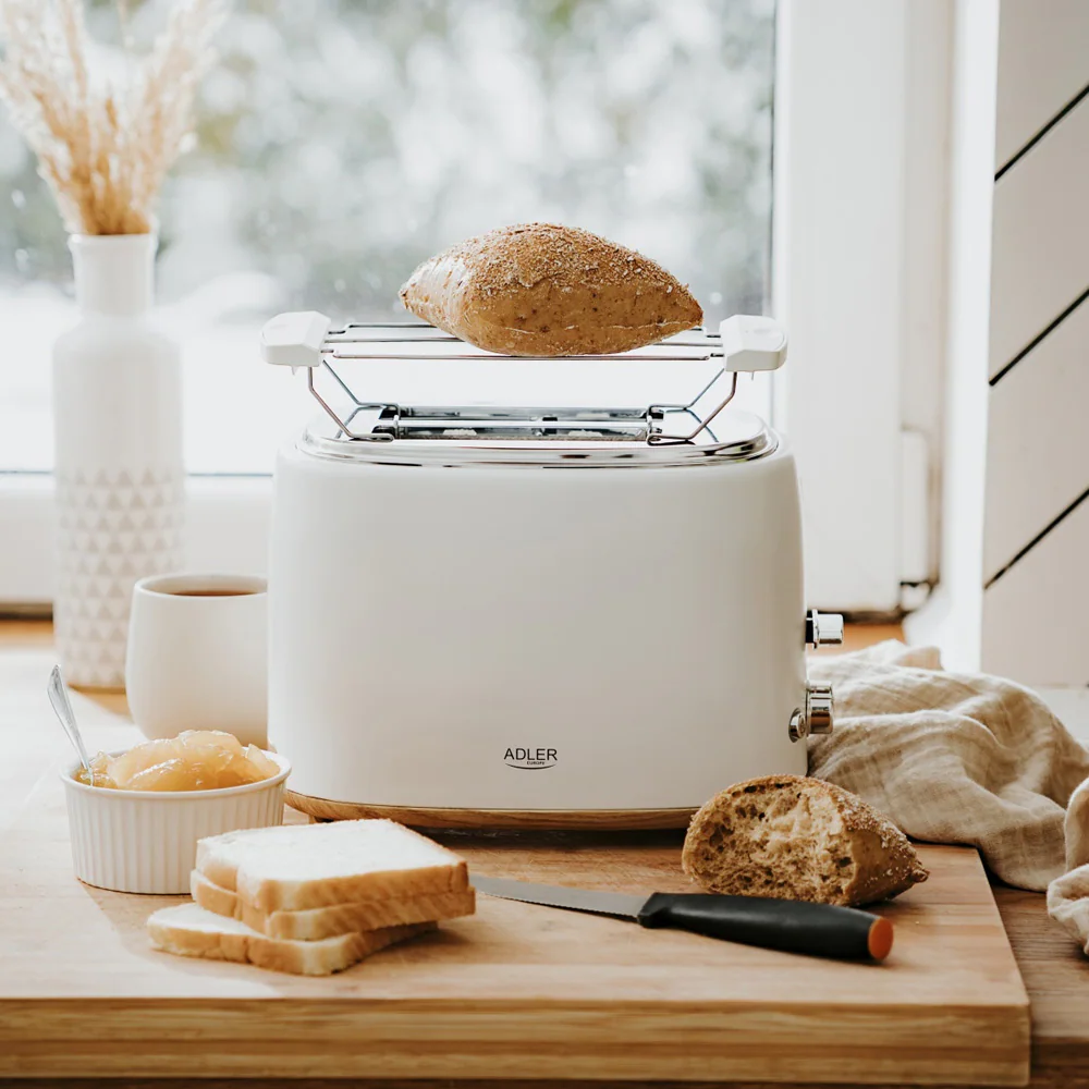 Brödrost med brödhylla / vit toaster med uppvärmning, upptining och 6 rostningsnivåer
