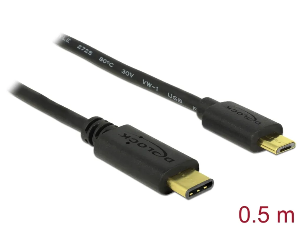 Delock USB-C-kabel hane till USB 2.0 Micro USB-B hane 0,5m - Svart, bild 2
