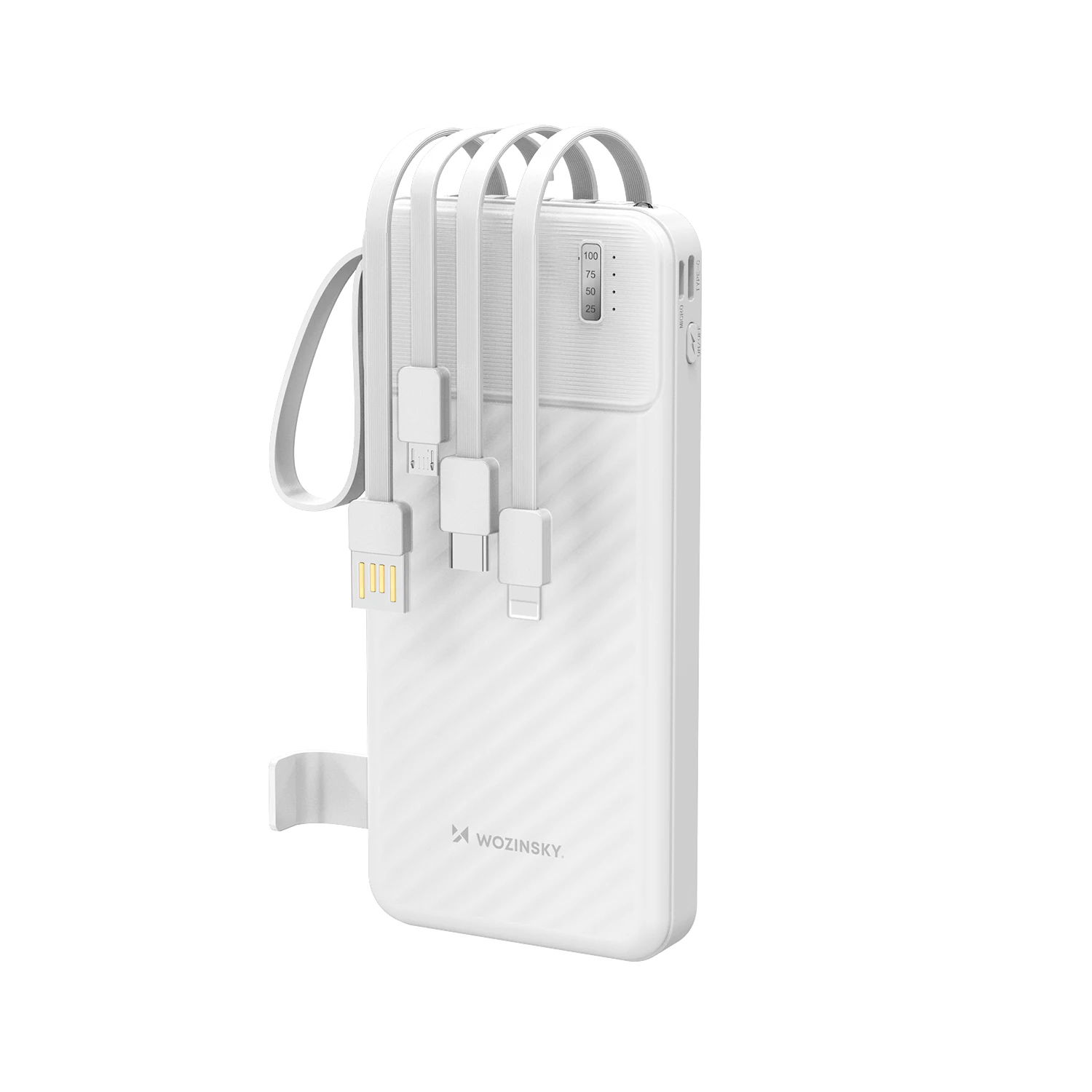 Wozinsky W11-W 10 000 mAh 10 W powerbank med inbyggda kablar och ficklampa – vit