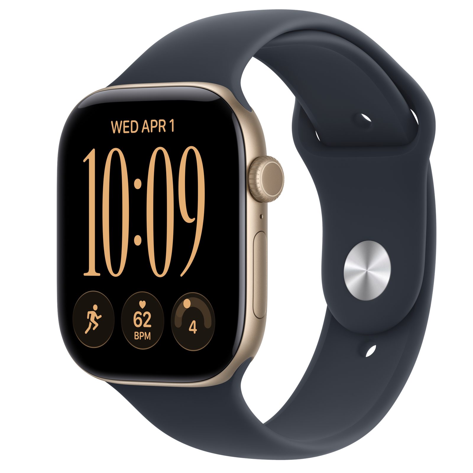 Apple Watch Series 12 (GPS + Cellular) • Aluminiumboett ljust guld, 46 mm • Sportband marinblå