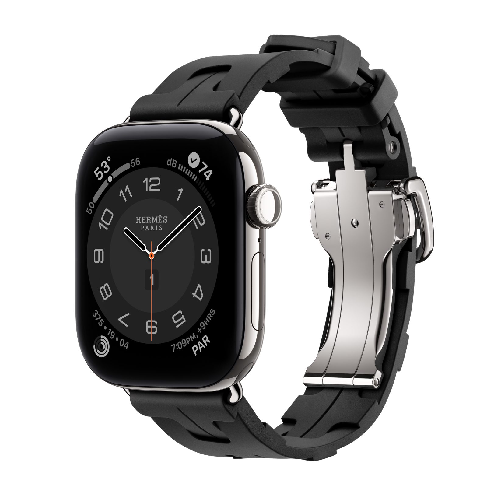 Apple Watch Hermès Series 12 (GPS + Cellular) • Titanboett silver, 42 mm • Kilim Simple Tour i Noir