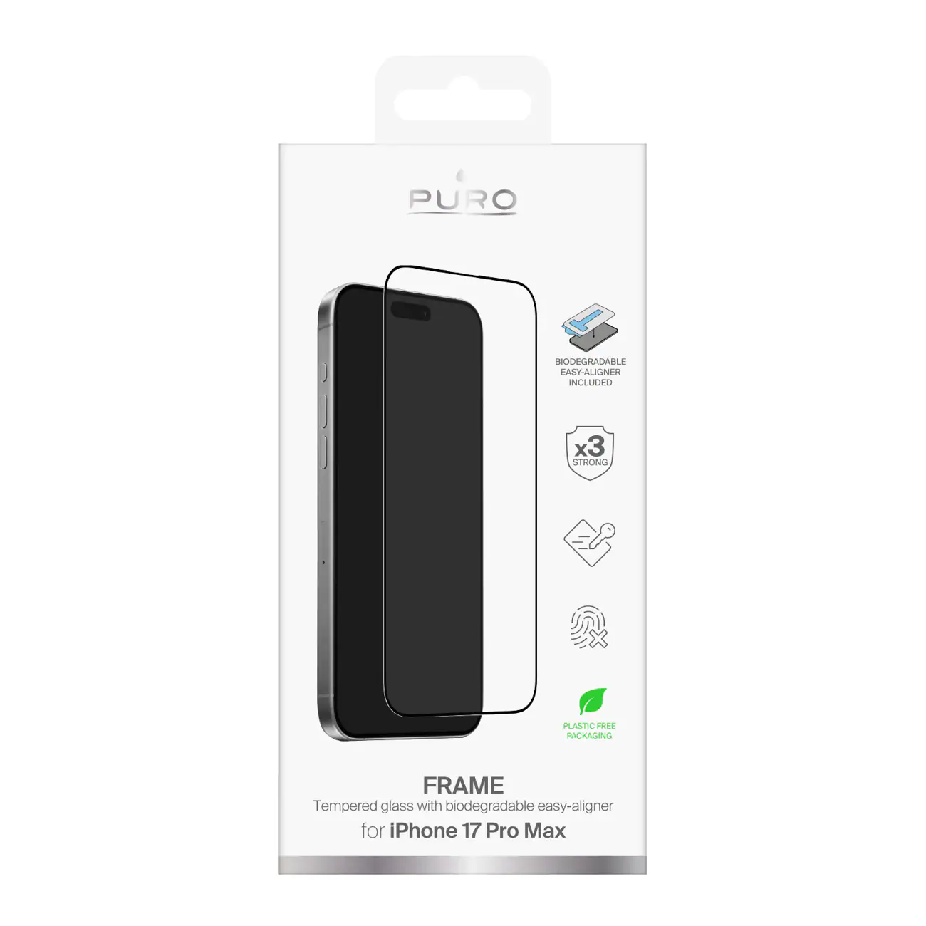 Puro Frame härdat glas för iPhone 17 Pro Max med applikator och svart ram, bild 2