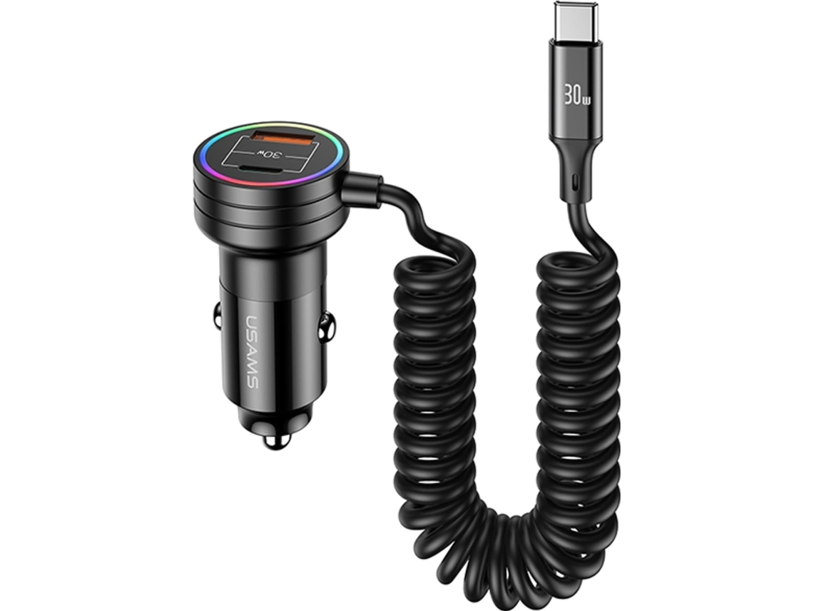 USAMS bil­laddare med kabel (spiralkabel) 2xUSB-C 1xUSB-A C33 60W svart CC167CC01 (US-CC167)