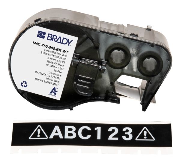 Brady M4C-750-595-BK-WT, Svart, Vit, Självhäftande skrivaretikett, Kontinuerlig etikett, Vinyl, Termal transfer, Akryl