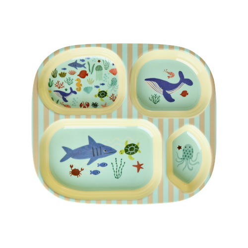 Rice - Kids 4 Room Plate with Blue Ocean Print - Blue