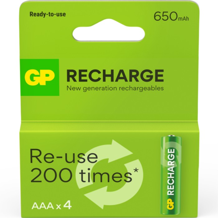 GP Recharge Rechargeable Battery, Size AAA, 650 mAh, 4-pack