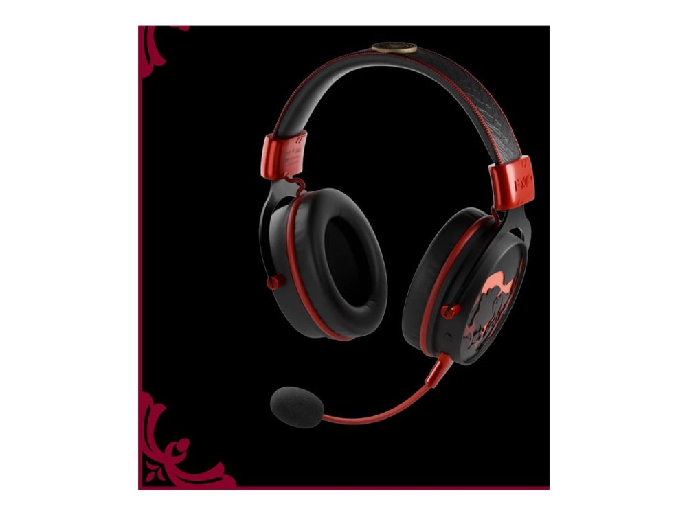 Lexip X Game of Thrones - Dragon - Headset - fullstorlek - Bluetooth/radiofrekvens 2,4 GHz - trådlös, kabelansluten - 3,5 mm kontakt - svart, röd, guld