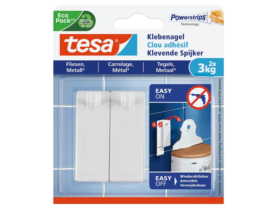TESA 77763-00000, inomhus, Universalkrok, Vit, Självhäftande remsa, 3 kg, Kakel och metall