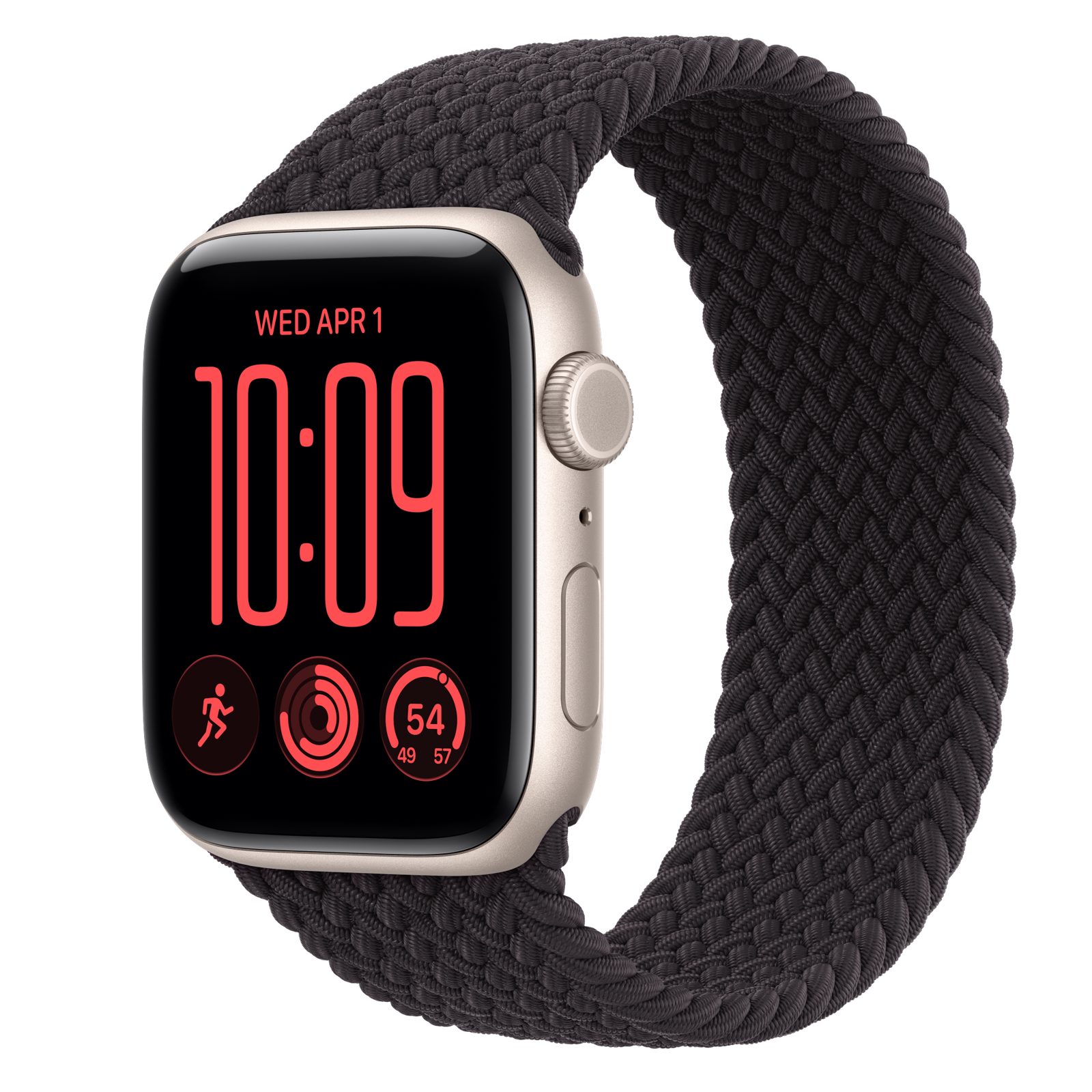 Apple Watch SE 3 (GPS + Cellular) • Aluminiumboett stjärnglans, 44 mm • Flätad sololoop svart