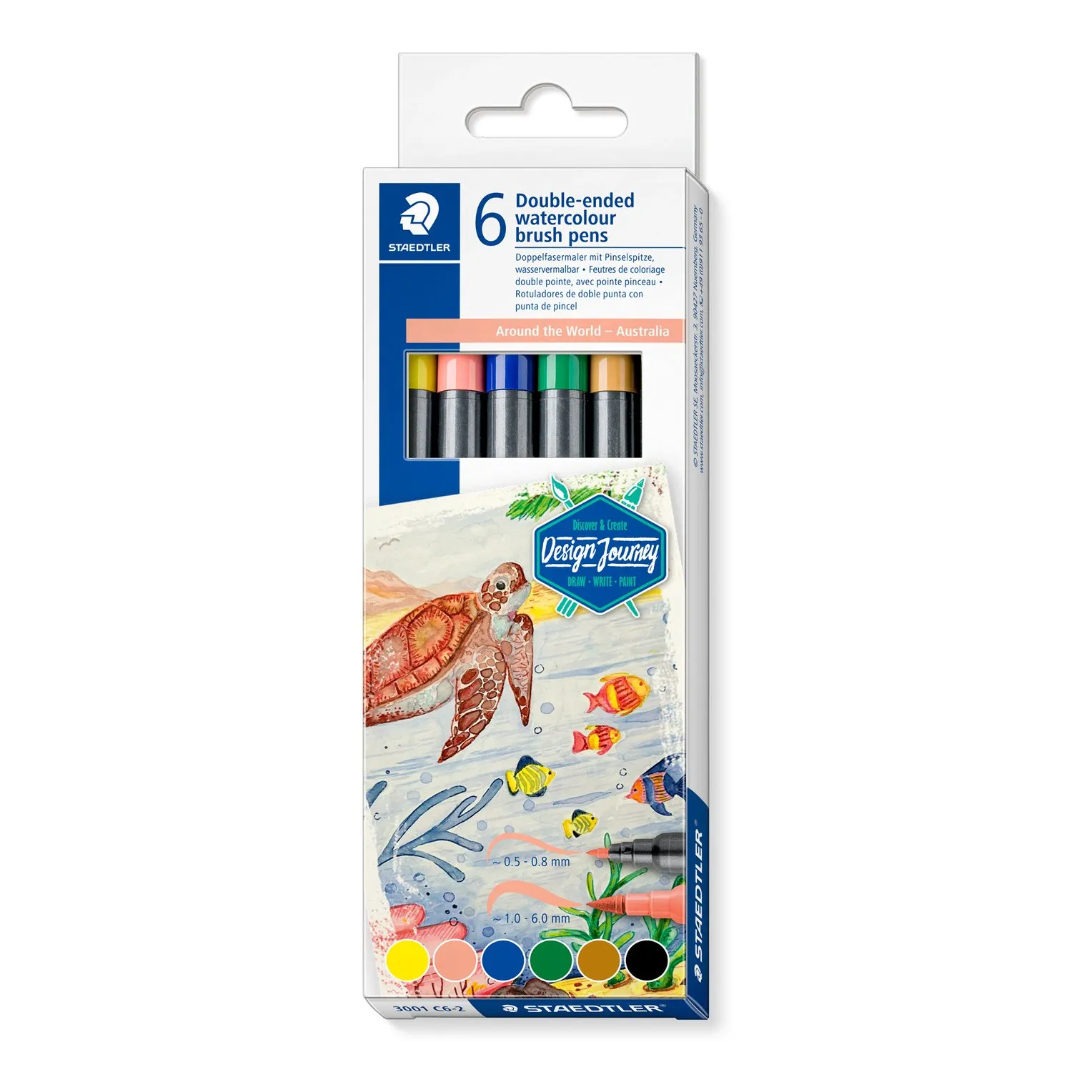 STAEDTLER dubbla fiberpennor Australia, ask om 6, 2 spetsar, linjebredd: 1,0 - 6,0 mm / 0,5 - 0,8 mm, - 1 st (3001 C6-2)