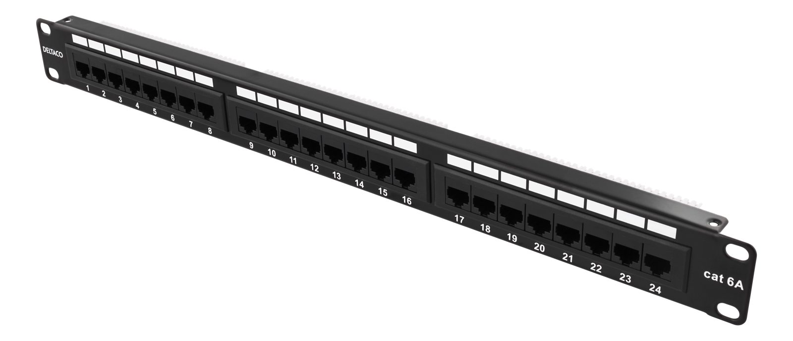 19" Patchpanel Deltaco, 24xRJ45, Cat6a, 1U, 500 MHz, 10Gbps, Kroneplintar, svart, metall, bild 2