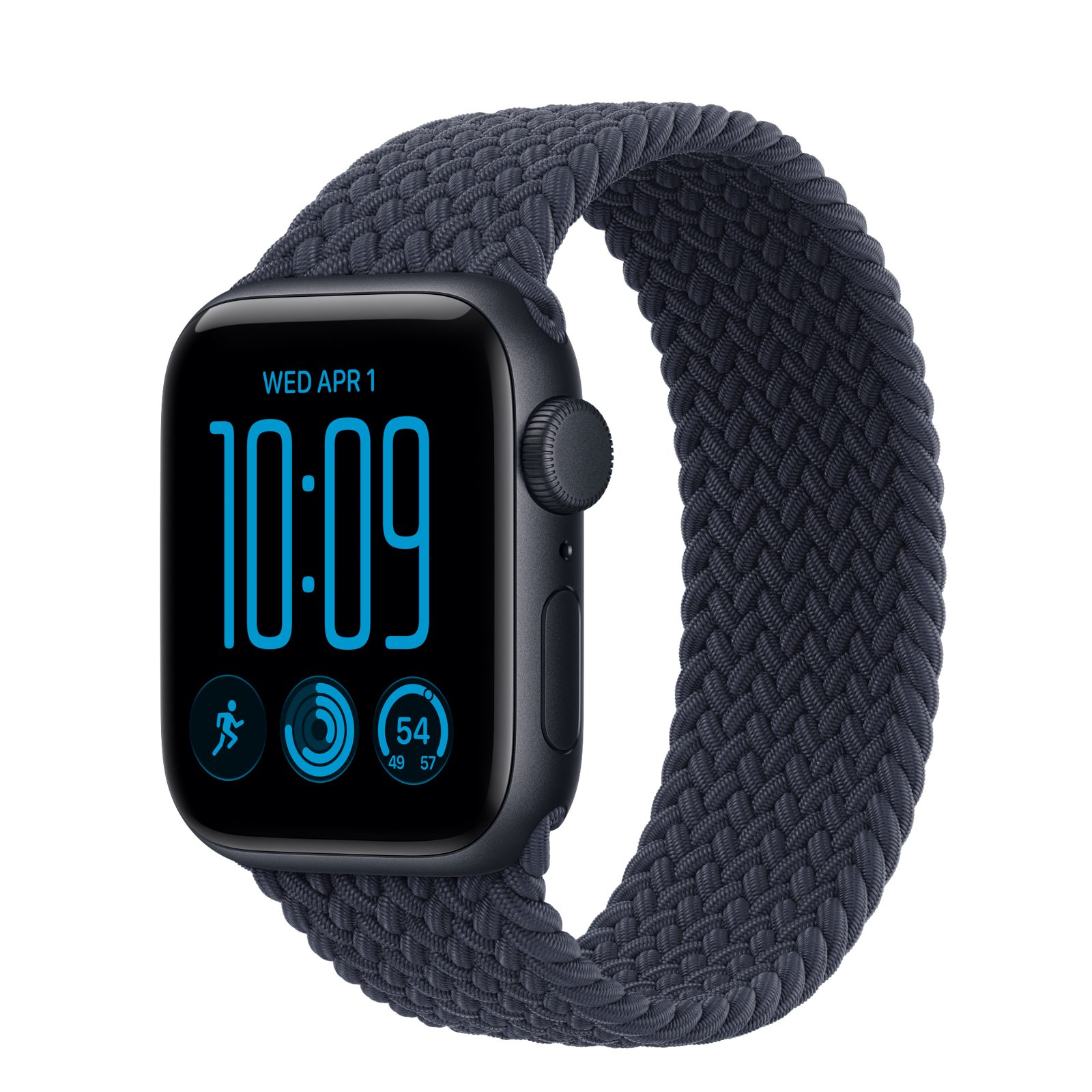 Apple Watch SE 3 (GPS) • Aluminiumboett midnatt, 40 mm • Flätad sololoop marinblå
