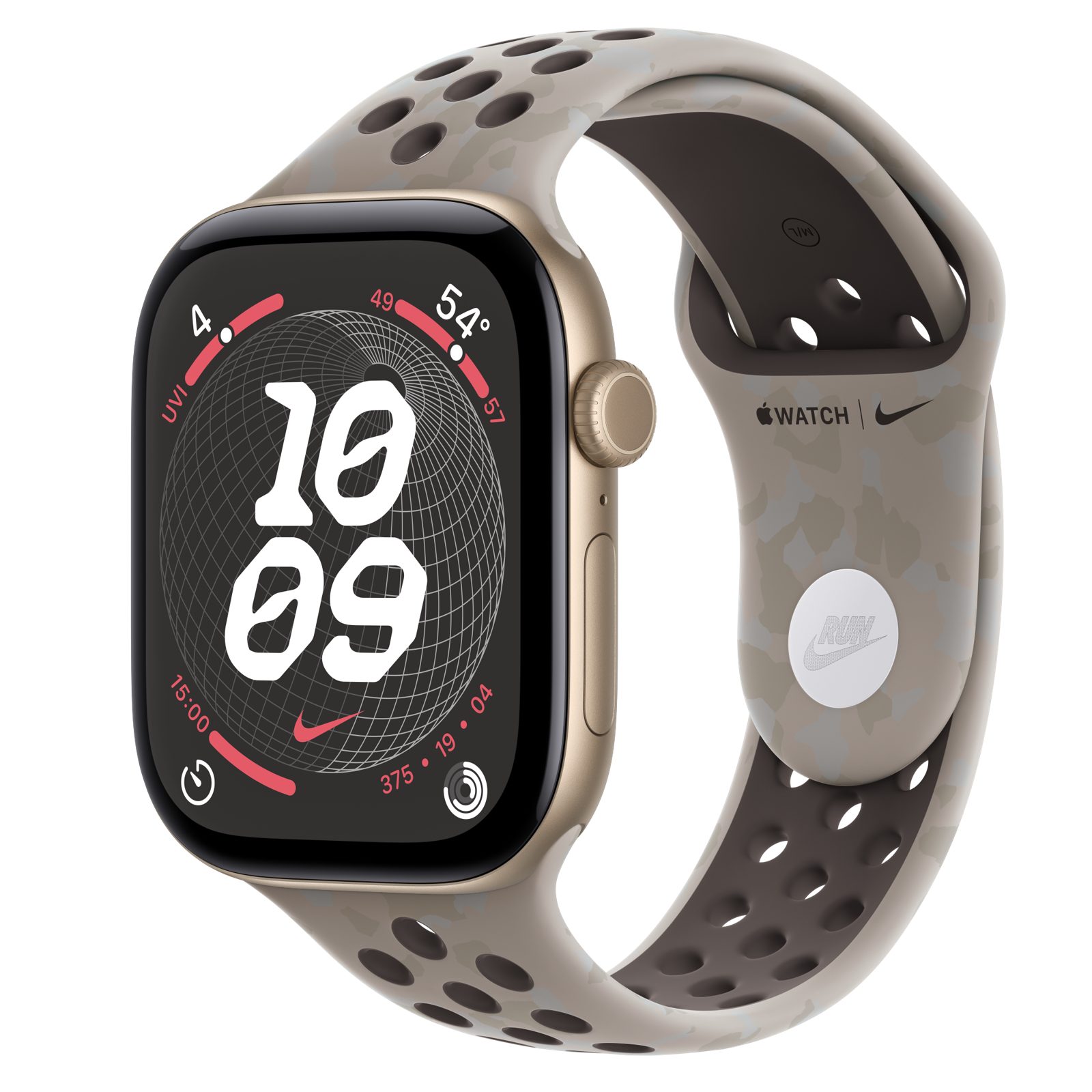 Apple Watch Series 12 (GPS) • Aluminiumboett ljust guld, 46 mm • Nike-sportband i Pavement Grey