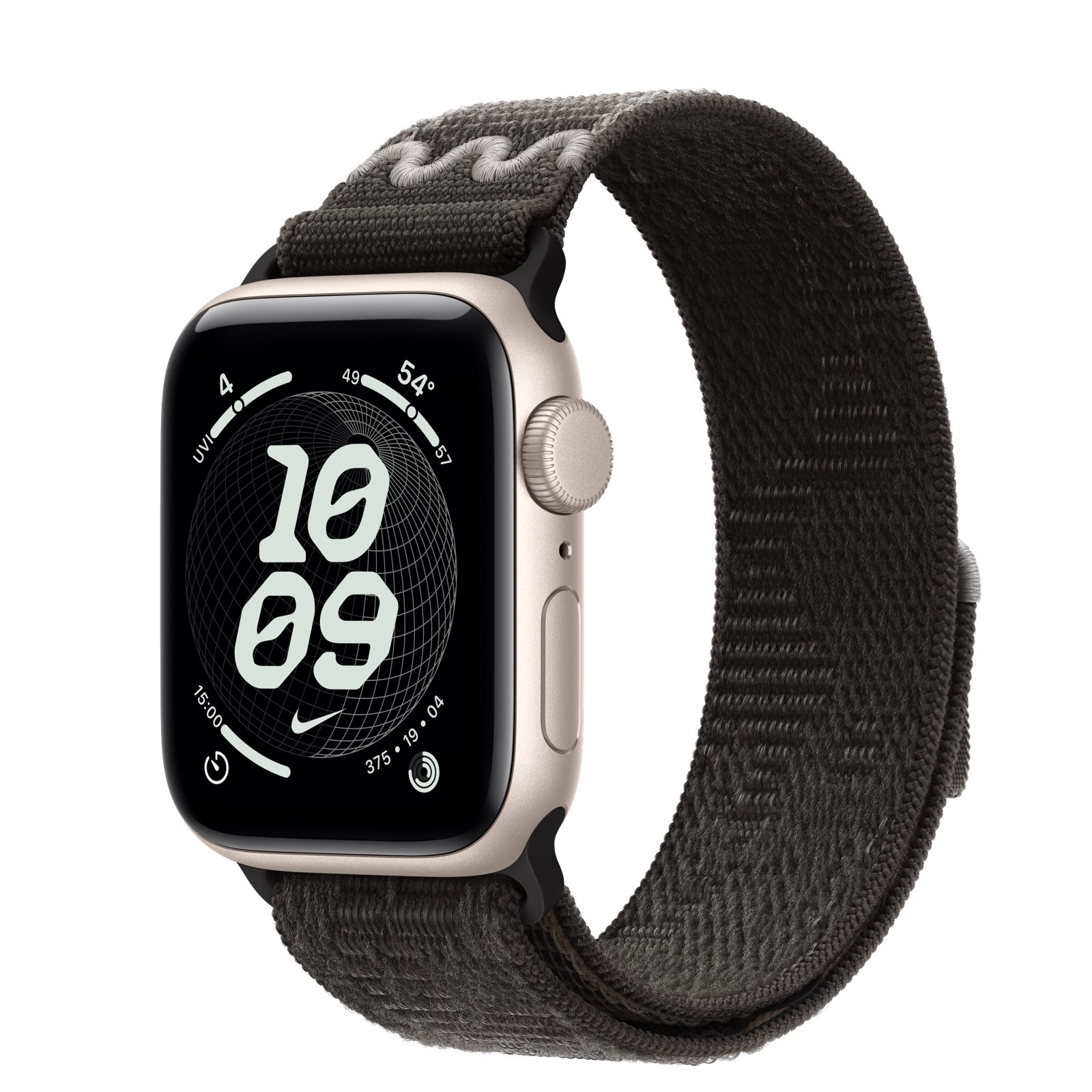Apple Watch SE 3 (GPS) • Aluminiumboett stjärnglans, 40 mm • Nike-sportloop i After Dark Black
