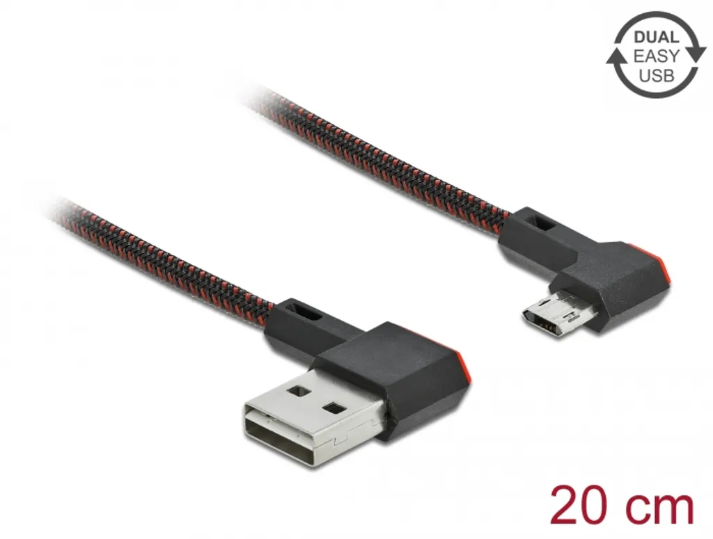 Delock EASY USB-A hane till Micro USB-B hane vinklad vänster/höger 0,2m - Svart