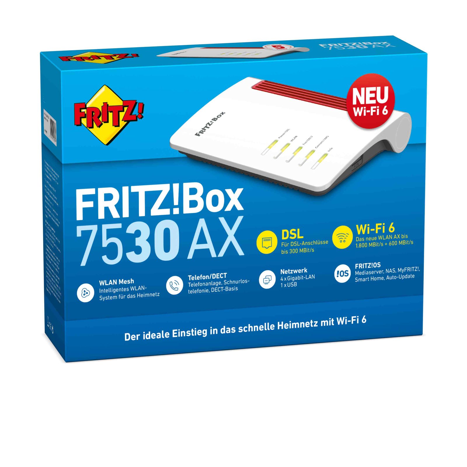 FRITZ!Box 7530 AX - Trådlös router - DSL-modem 4-ports-switch - 1GbE - Wi-Fi 6 - Dubbelband - VoIP-telefonadapter (DECT), bild 4