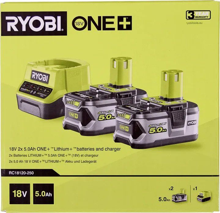 Ryobi ONE+ RC18120-250 batterisats 18 V, 2-pack 5,0 Ah + laddare