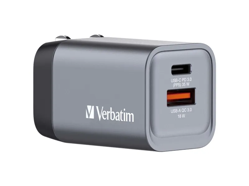 AC-adapter Verbatim GaN Charger 35W, 1xUSB-C / 1xUSB-A, inkl. reseadapter EU/UK/US