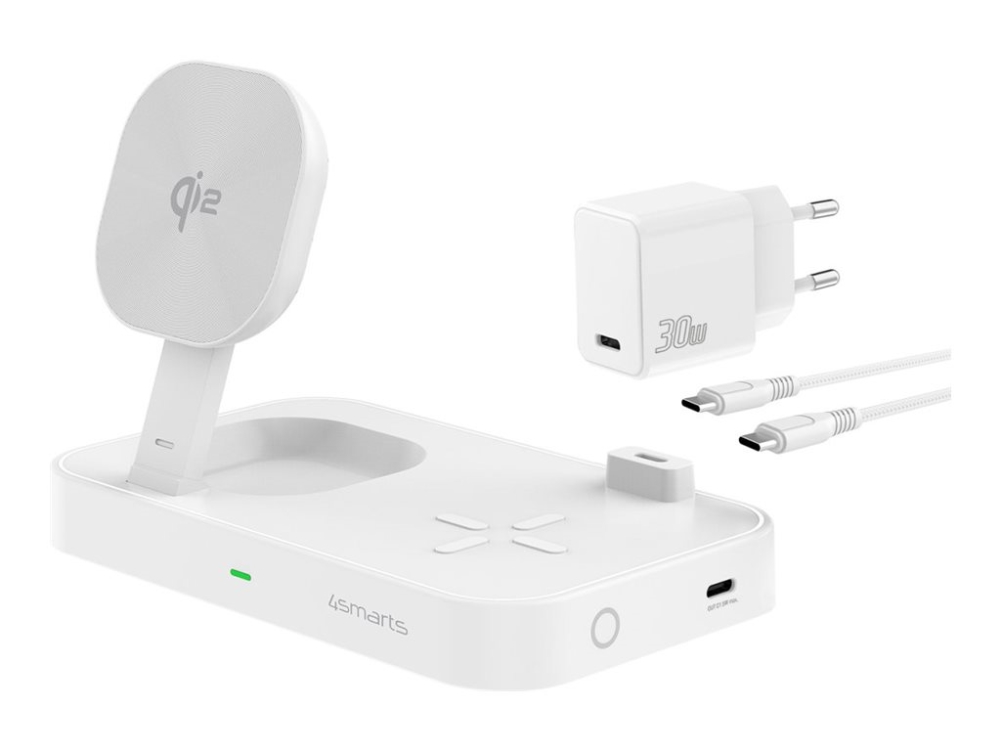 4smarts Trident - Trådlöst laddställ - Qi2 + växelströmsadapter - 25 Watt - 1 A - 2 utdatakontakter (USB-C) - vit