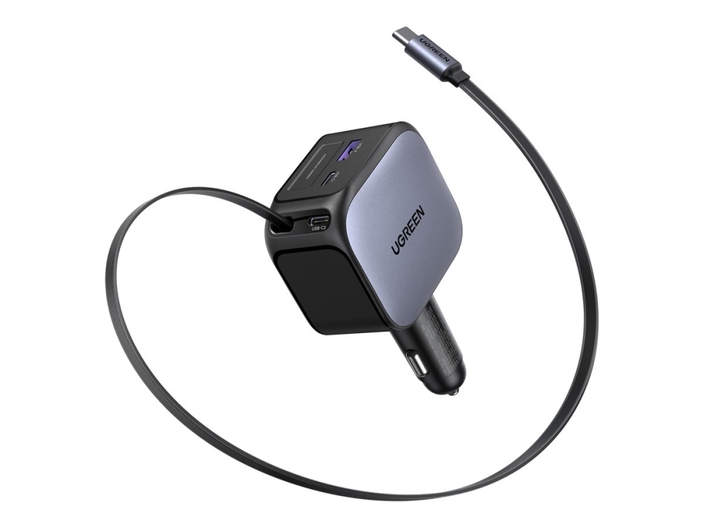 Ugreen Nexode billaddare 145W, USB-C/USB-A med utdragbar USB-C kabel – svart