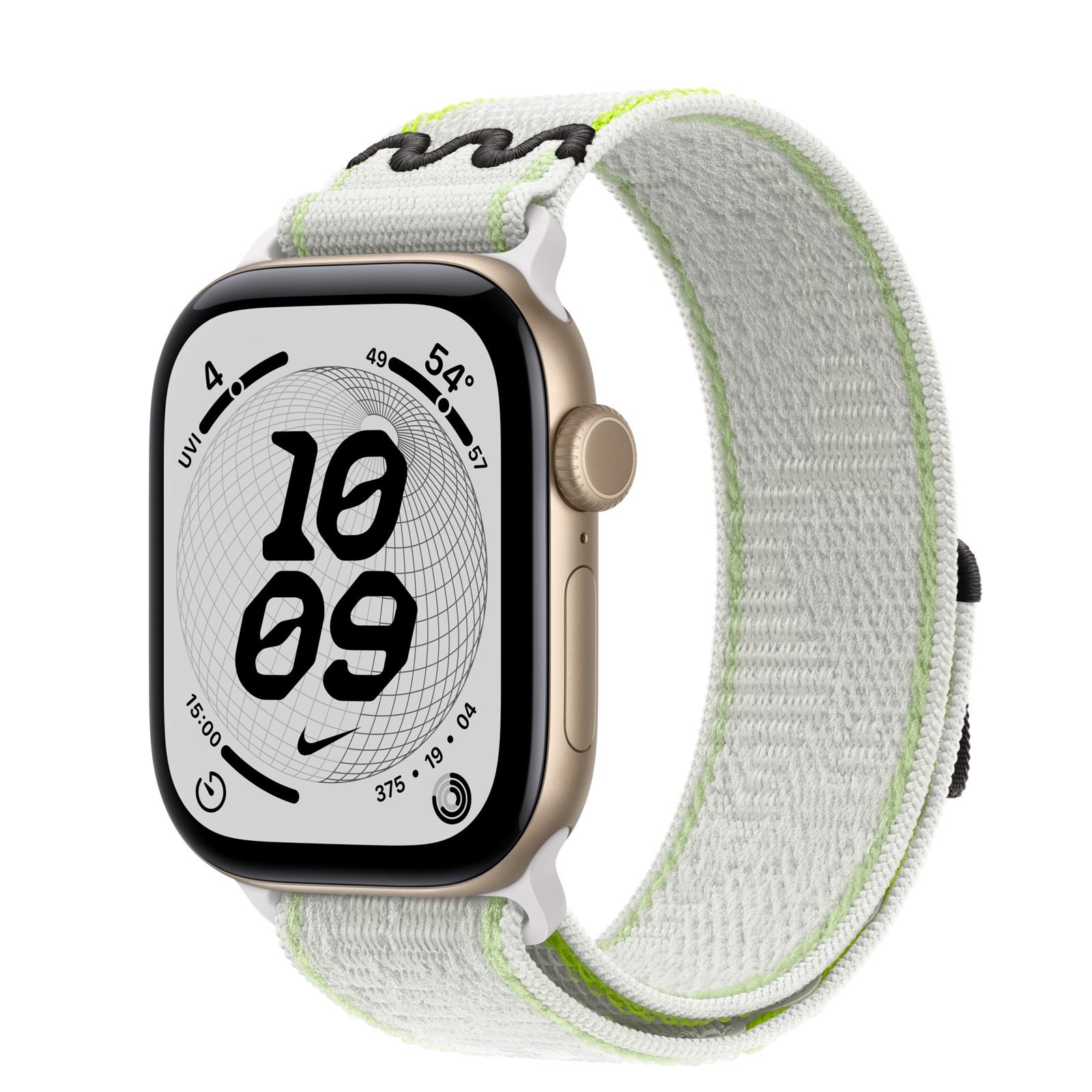 Apple Watch Series 12 (GPS) • Aluminiumboett ljust guld, 42 mm • Nike-sportloop i Essential White