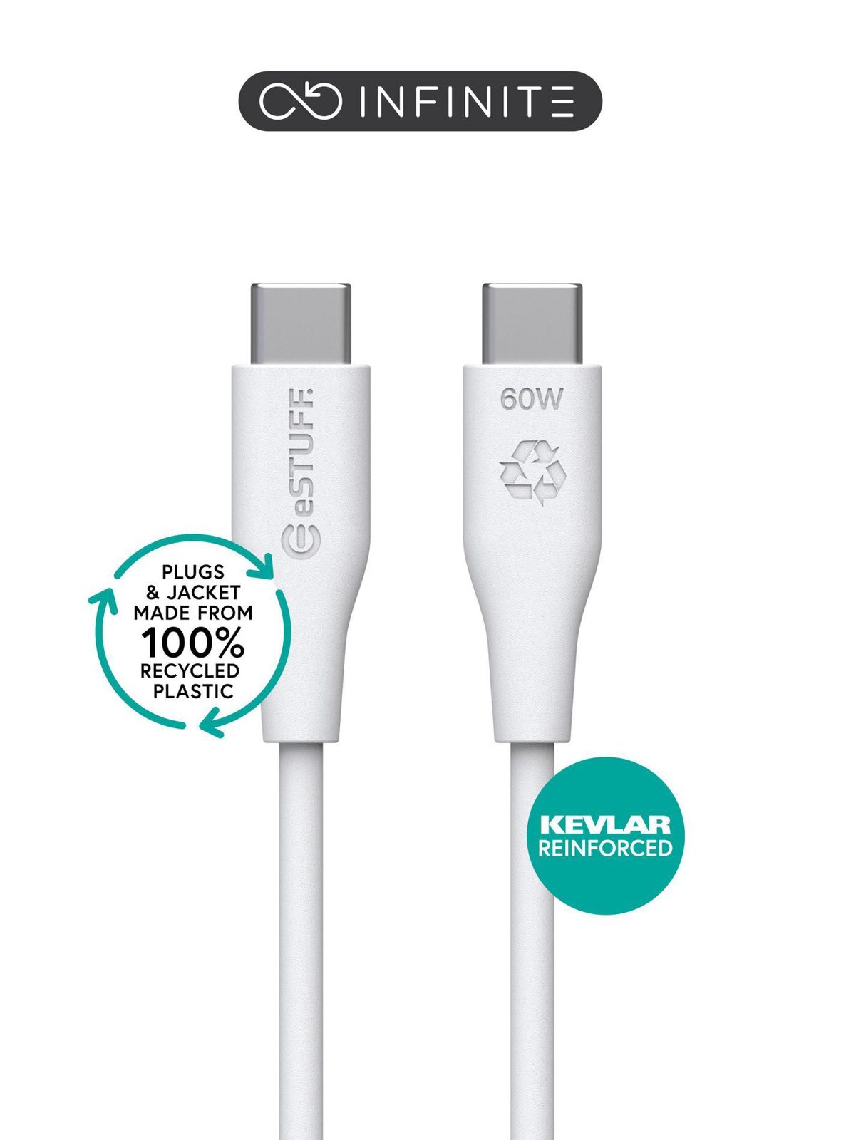 USB-kabel, Estuff, USB-C till USB-C, vit, 50 cm