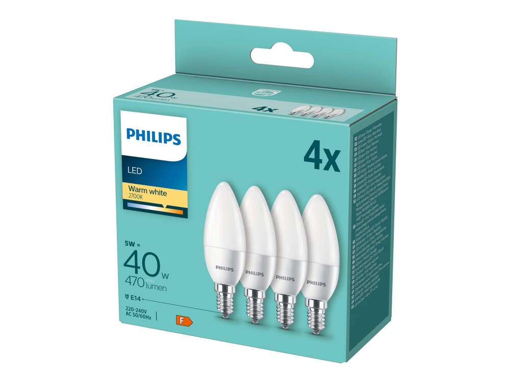Philips - LED-glödlampa - form: B35 - glaserad finish - E14 - 5 W (motsvarande 40 W) - klass F - varmt vitt ljus - 2700 K (paket om 4)