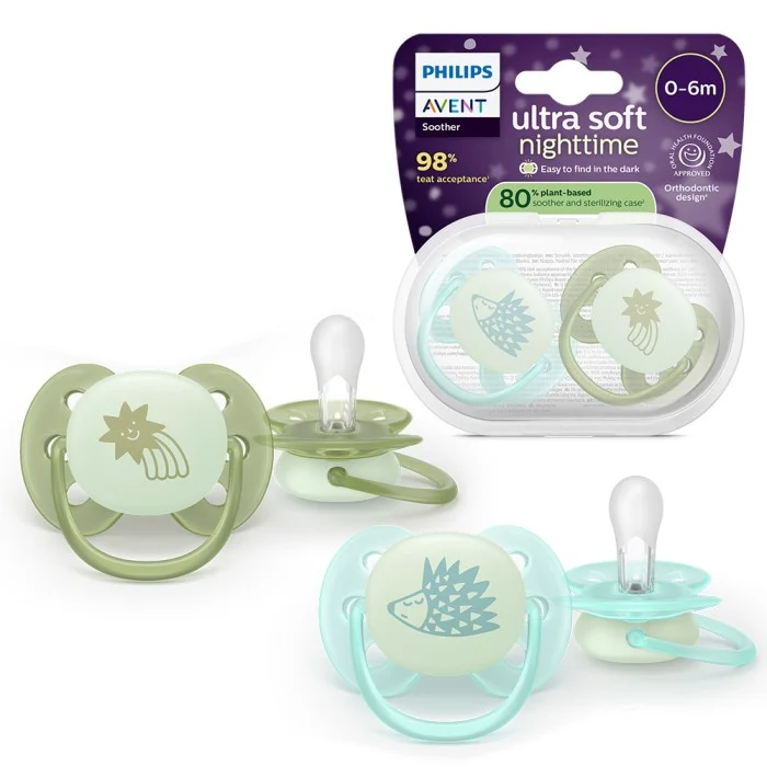 Philips Avent Ultra Soft nattnapp, 0-6 månader, lyser i mörkret, 2 st Grön/Blå, bild 2